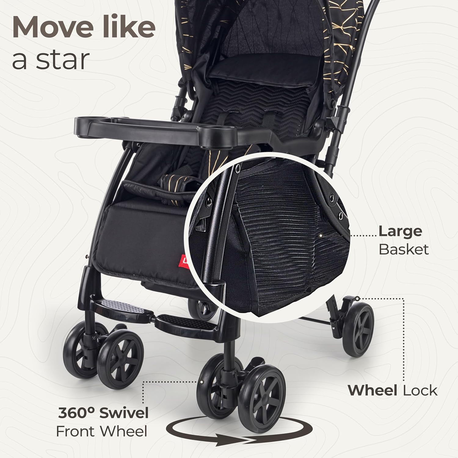 Stylish LuvLap Sunshine Plus foldable stroller for babies, featuring a sleek black and gold design, adjustable canopy, and compact fold for easy transport. www.usmile.toys